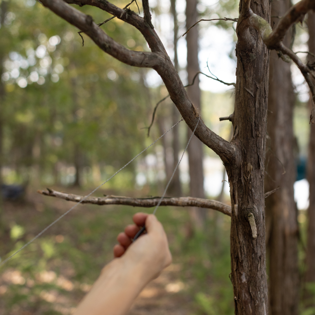 A hand ties a string around a tree branch in the woods—ideal for daytime outdoor adventures with your Explorer Kit in new, wild terrain.