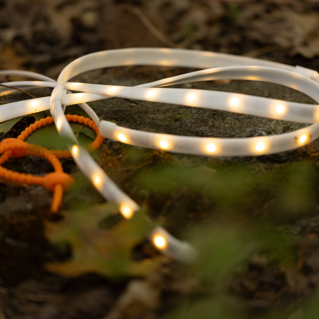 A white LED Rope Lights strip is coiled outdoors beside orange cord loops and fallen leaves—perfect for campsite lighting and easily powered via USB.
