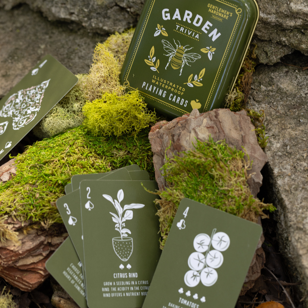 A tin of Gardeners Tips Waterproof Playing Cards and several illustrated cards are arranged on mossy ground near rocks and wood.