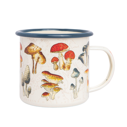 The Enamel Mug - Mushroom 17 fl oz features colorful illustrated mushrooms on white enamel with a blue rim—a stylish and durable choice for outdoor adventures.