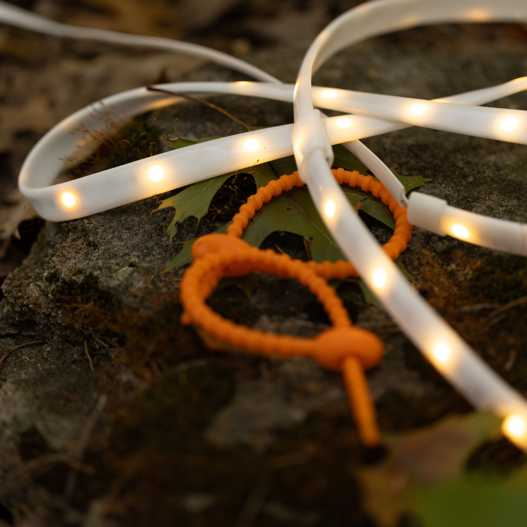 The LED Rope Lights, USB powered and portable, are coiled on a rocky surface with moss and leaves beside an orange cord bracelet—ideal for campsite lighting and adding style and functionality to outdoor adventures.
