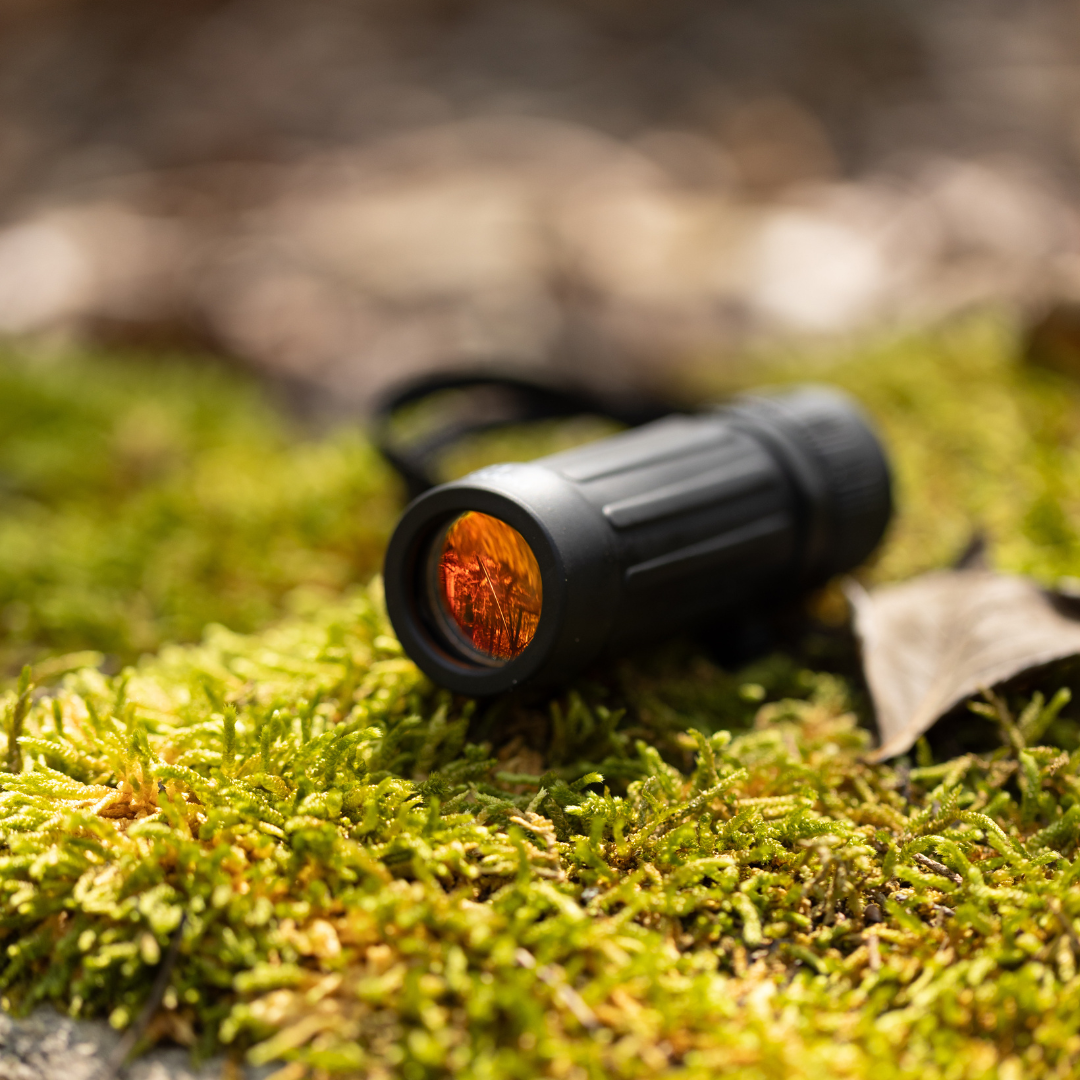 The Explorer Kit, featuring a compact black monocular with an orange lens, rests on green moss outdoors next to a brown leaf, inviting you to discover uncharted terrain and embrace your next adventure.