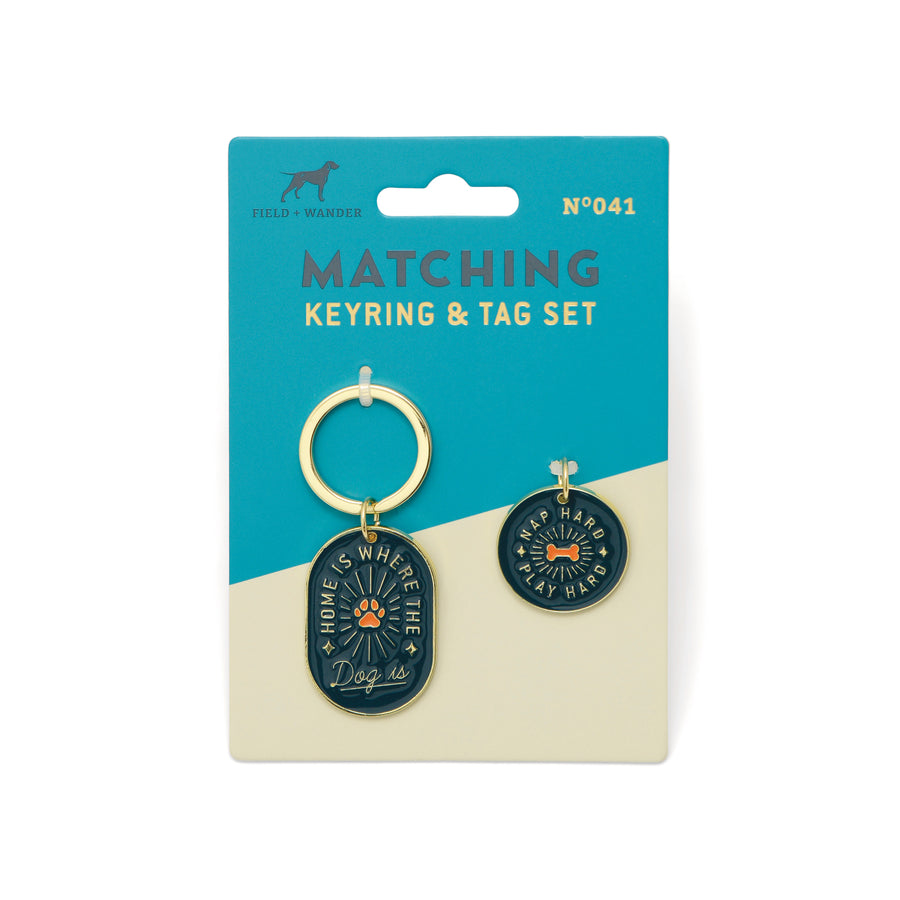 Matching Keyring & Tag Set on cardboard packaging with logo and SKU