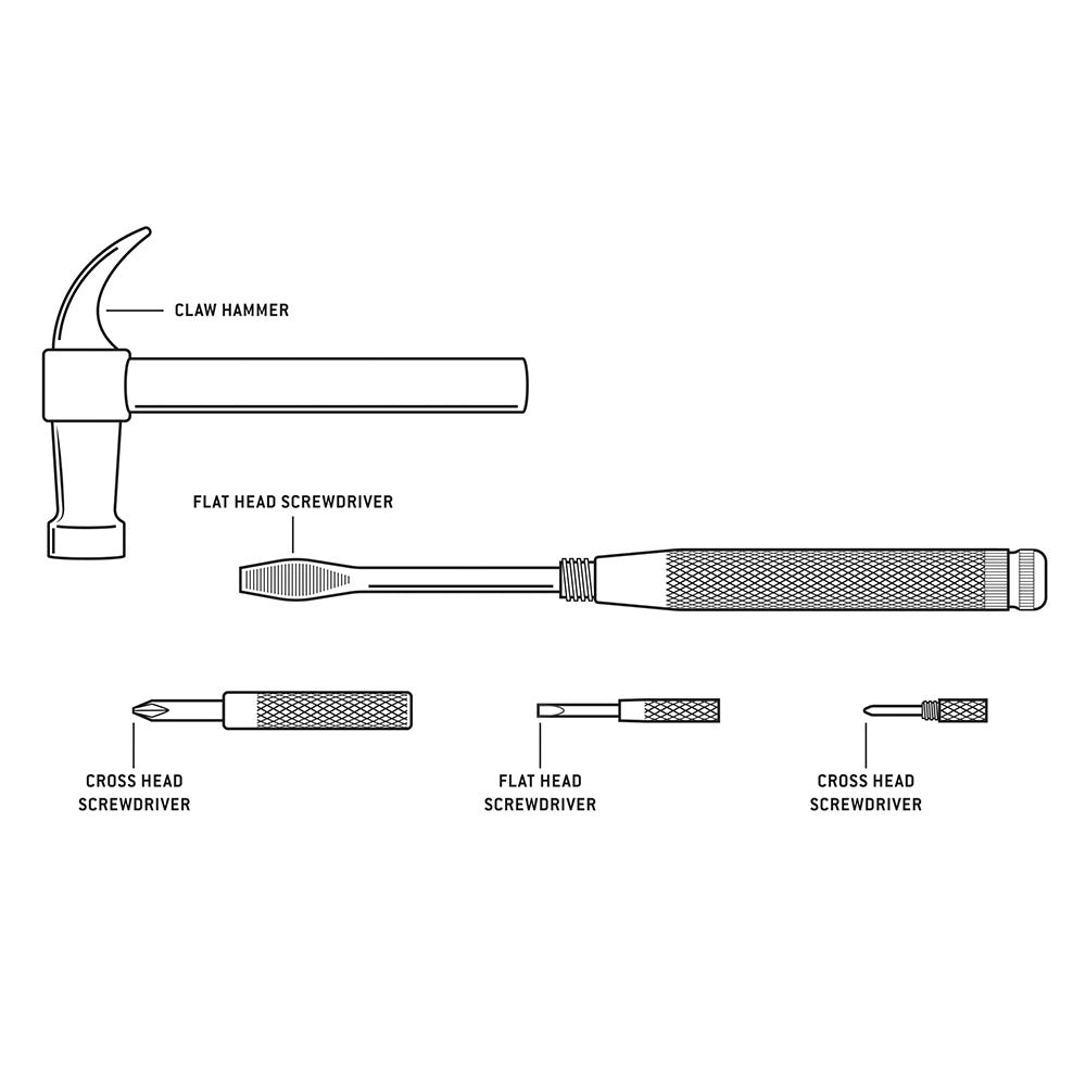 Line drawing of the 6-in-1 Hammer Multi-Tool by Gentlemens Hardware, featuring a stainless steel claw hammer and three screwdrivers (flat head and cross head) in various sizes—crafted for quality and precision.