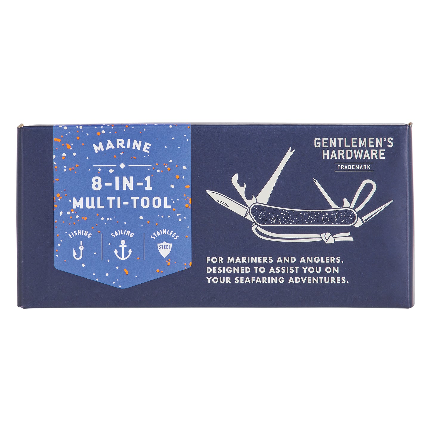 A blue box labeled Marine Multi-Tool showcases the stainless steel 8-in-1 tool and states it’s designed for mariners and anglers.