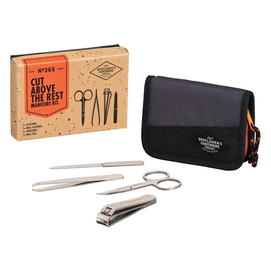 The Manicure Set includes stainless steel scissors, tweezers, nail clippers, and a nail file in a sleek black case, presented in a brown box labeled Cut Above The Rest Manicure Kit.
