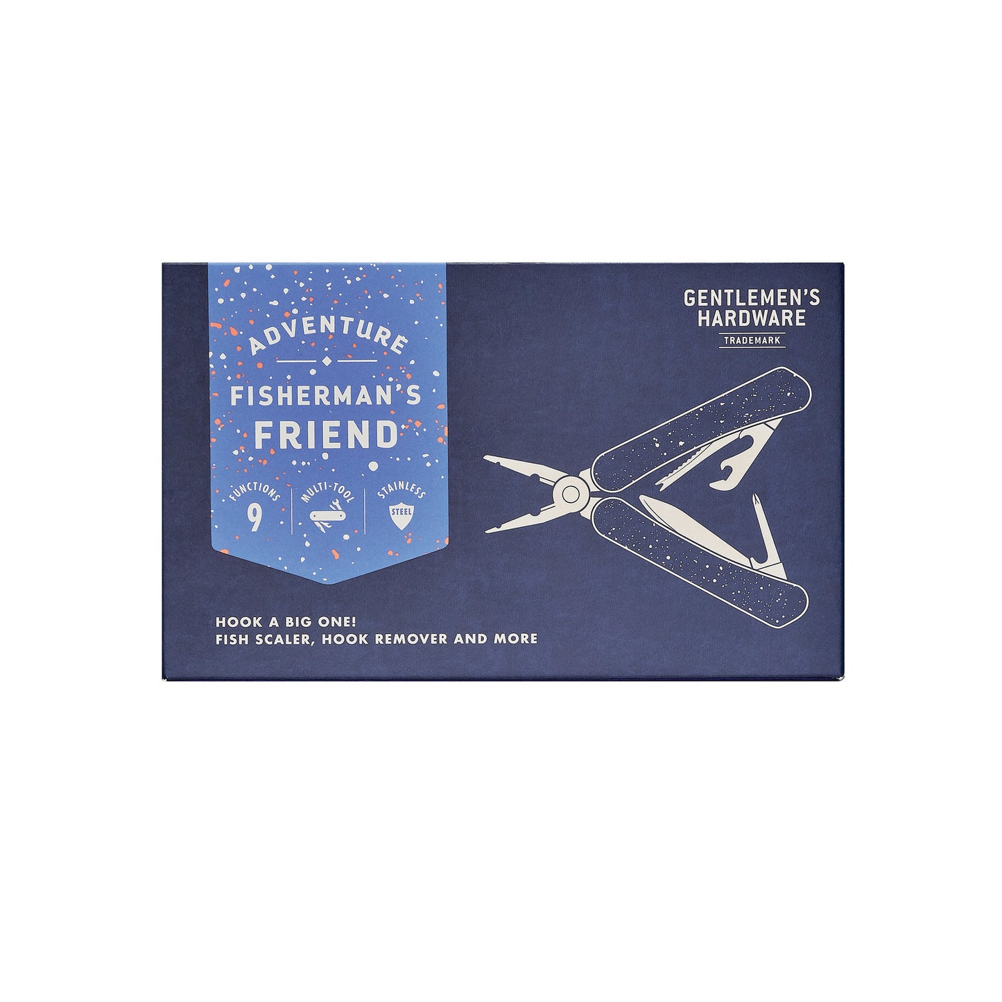 A navy blue box labeled Adventure Fishermans Friend features an illustration of the Fishing Multi Tool and highlights functions like fish scaler, needlenose pliers, hook remover, and more.