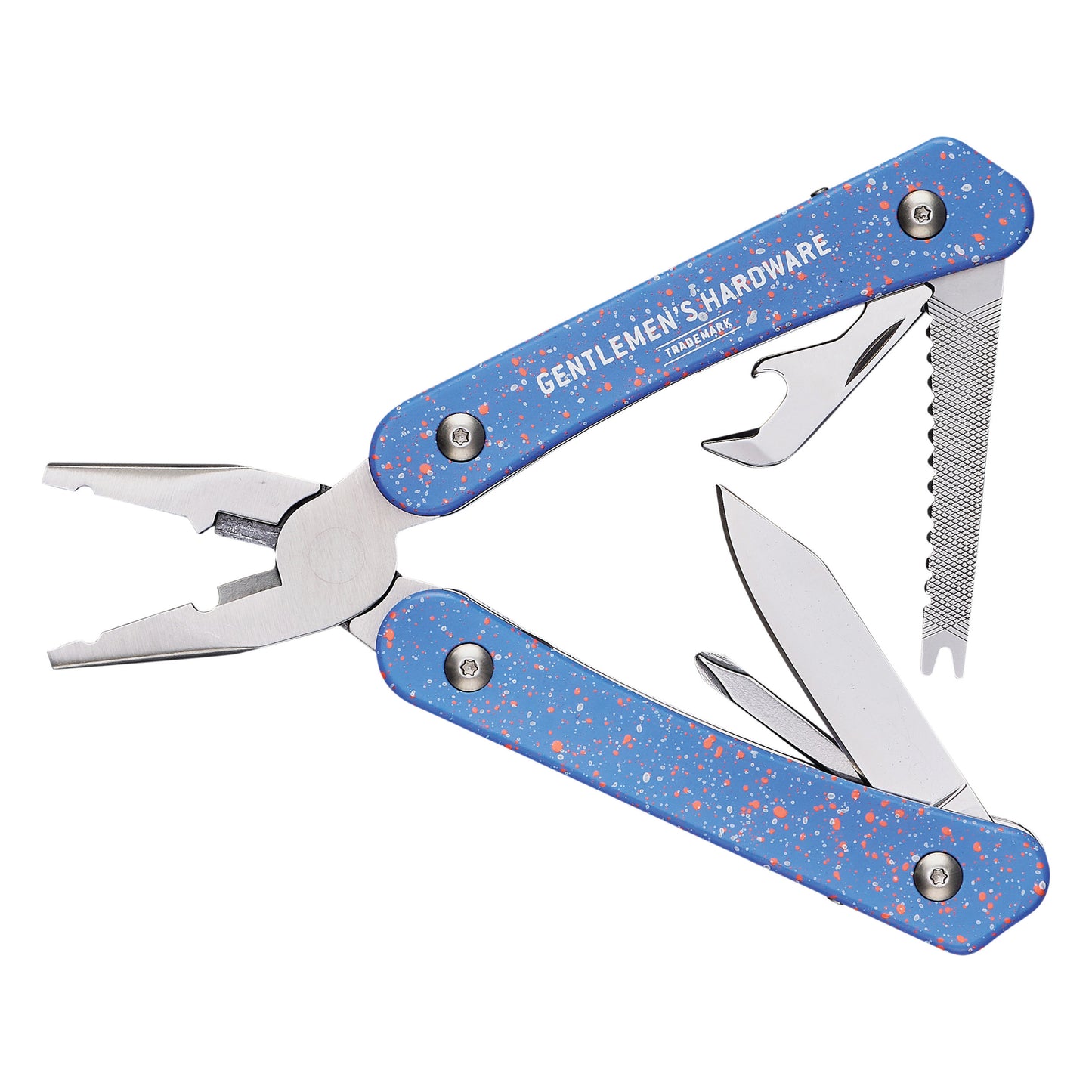 The Fishing Multi Tool features a blue speckled design and opens to reveal needlenose pliers, knife, fish scaler, saw, file, and more. Gentlemens Hardware branding appears on the handle—ideal for any fishing adventure.