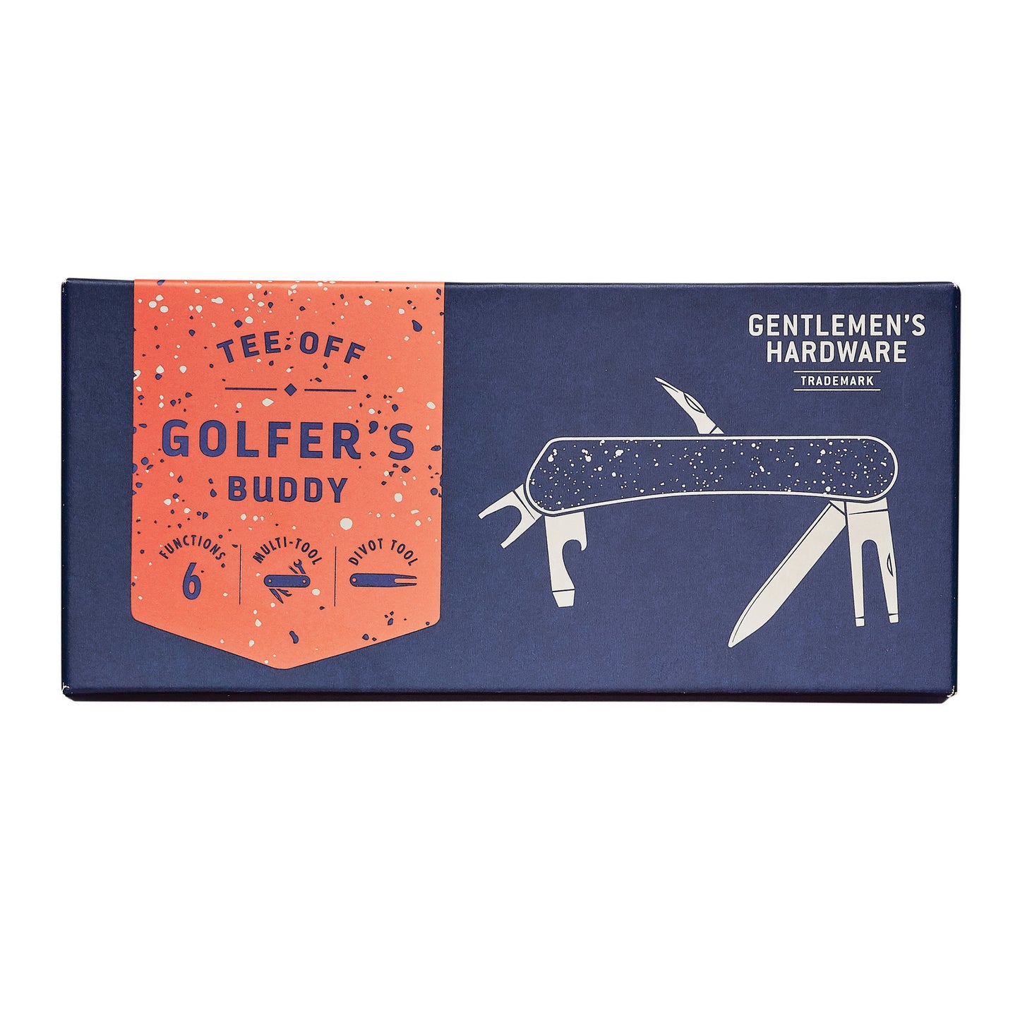 Box packaging for Golf Multi Tool by Gentlemens Hardware, showcasing divot tool illustrations and functions on a blue and orange background.