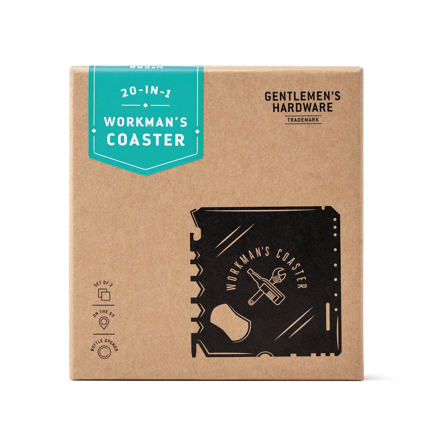A brown cardboard box labeled Workmans Coaster, Set of 2 from Gentlemens Hardware, featuring a black illustration of the multi-tool coaster on the front.