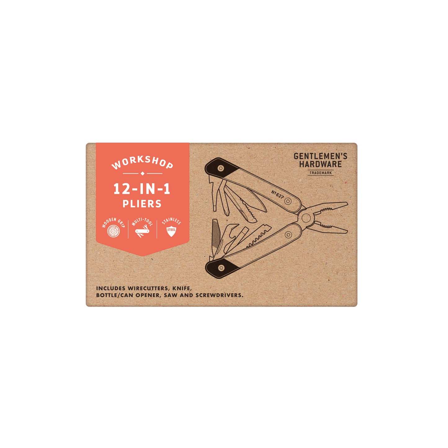 A brown box labeled Pliers Multi-Tool with a titanium finish illustration, features wirecutters, knife, bottle/can opener, saw, screwdrivers, and more—scratch-resistant for lasting durability.