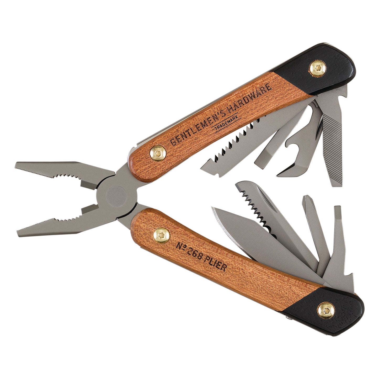The Pliers Multi-Tool features wooden handles and a scratch-resistant titanium finish, opening to reveal pliers, a saw, a knife, and more for lasting durability and style.