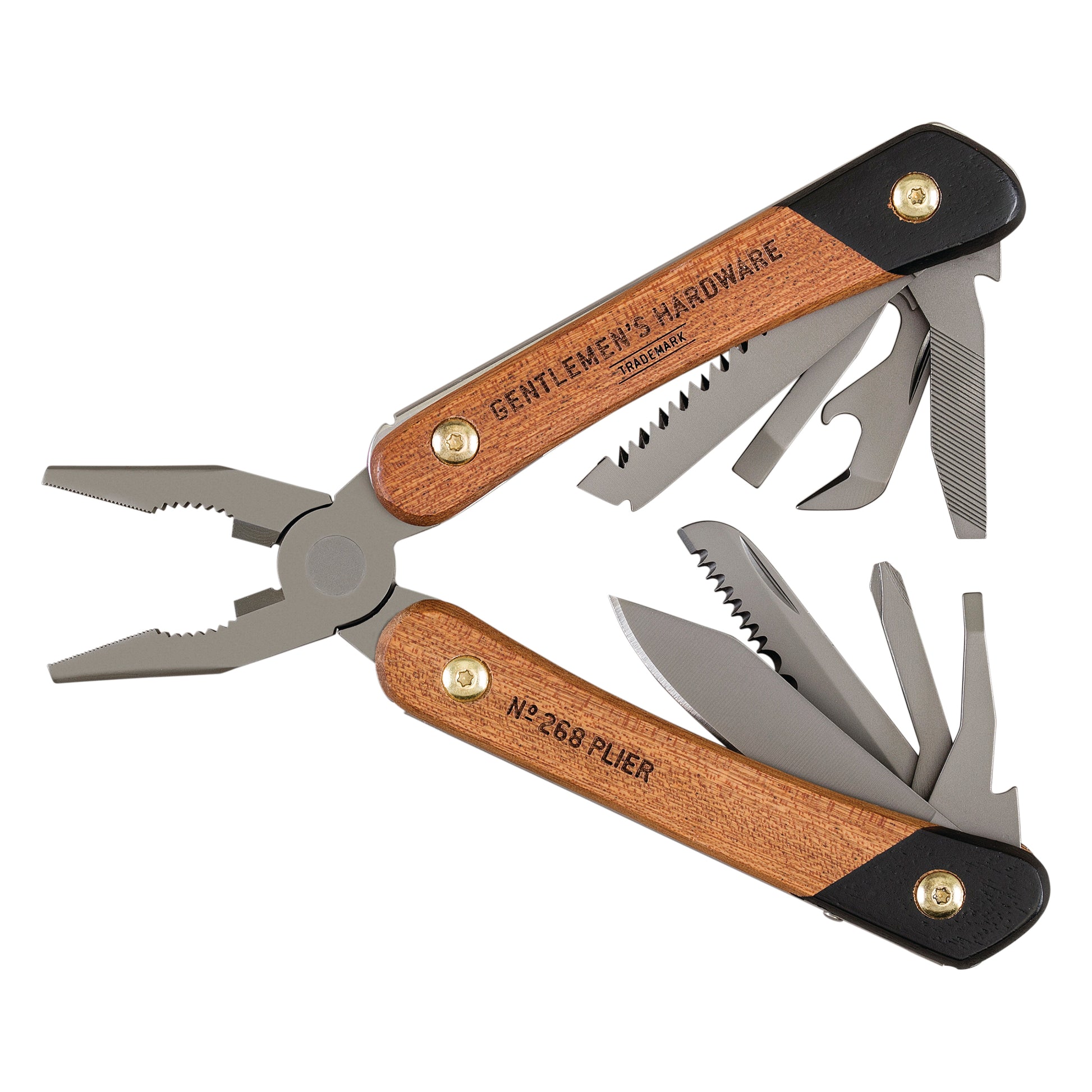 The Pliers Multi-Tool features wooden handles and a scratch-resistant titanium finish, opening to reveal pliers, a saw, a knife, and more for lasting durability and style.