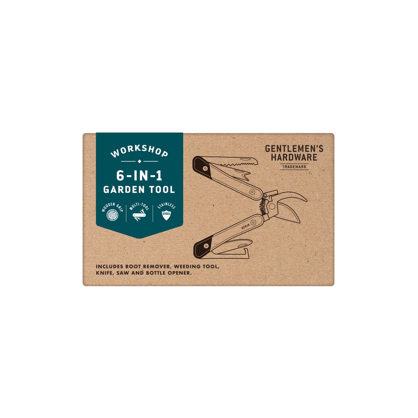 A brown box labeled Garden Multi Tool displays illustrations and text listing its 6 functions: root remover, weeding tool, knife, saw, secateurs, and bottle opener.