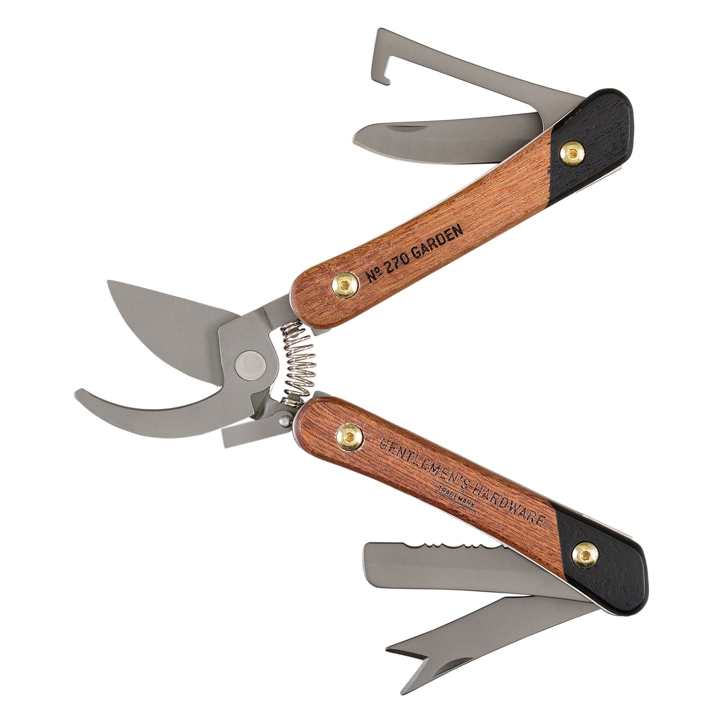 The Garden Multi Tool features wooden handles and five handy tools—secateurs, knife blade, bottle opener, flathead screwdriver, and small saw—partially unfolded and ready for any gardening task.