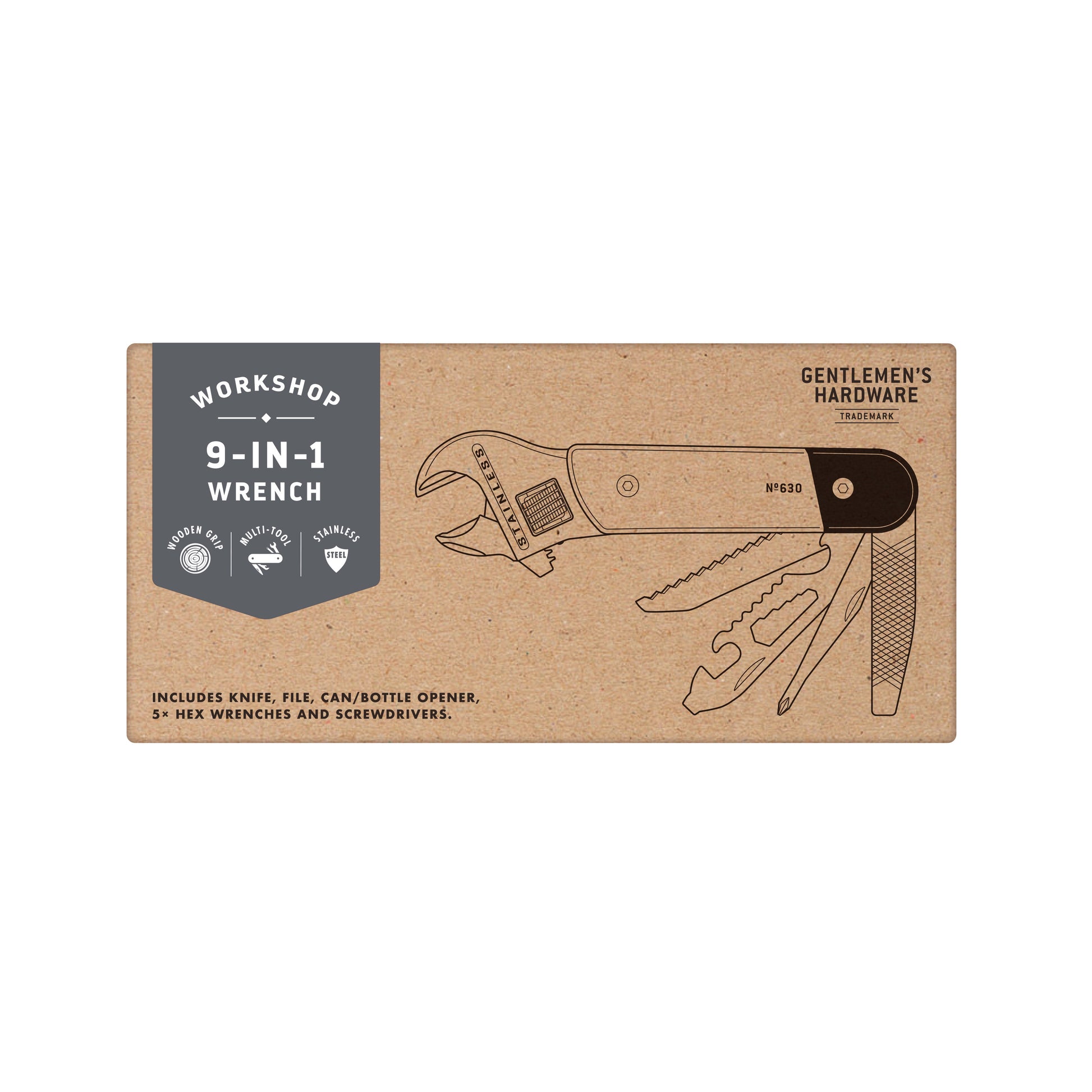 A cardboard package labeled Wrench Multi Tool features an illustration of a heavy-duty, titanium coated multi-tool with attachments; the Gentlemens Hardware brand and list of included tools are also shown.