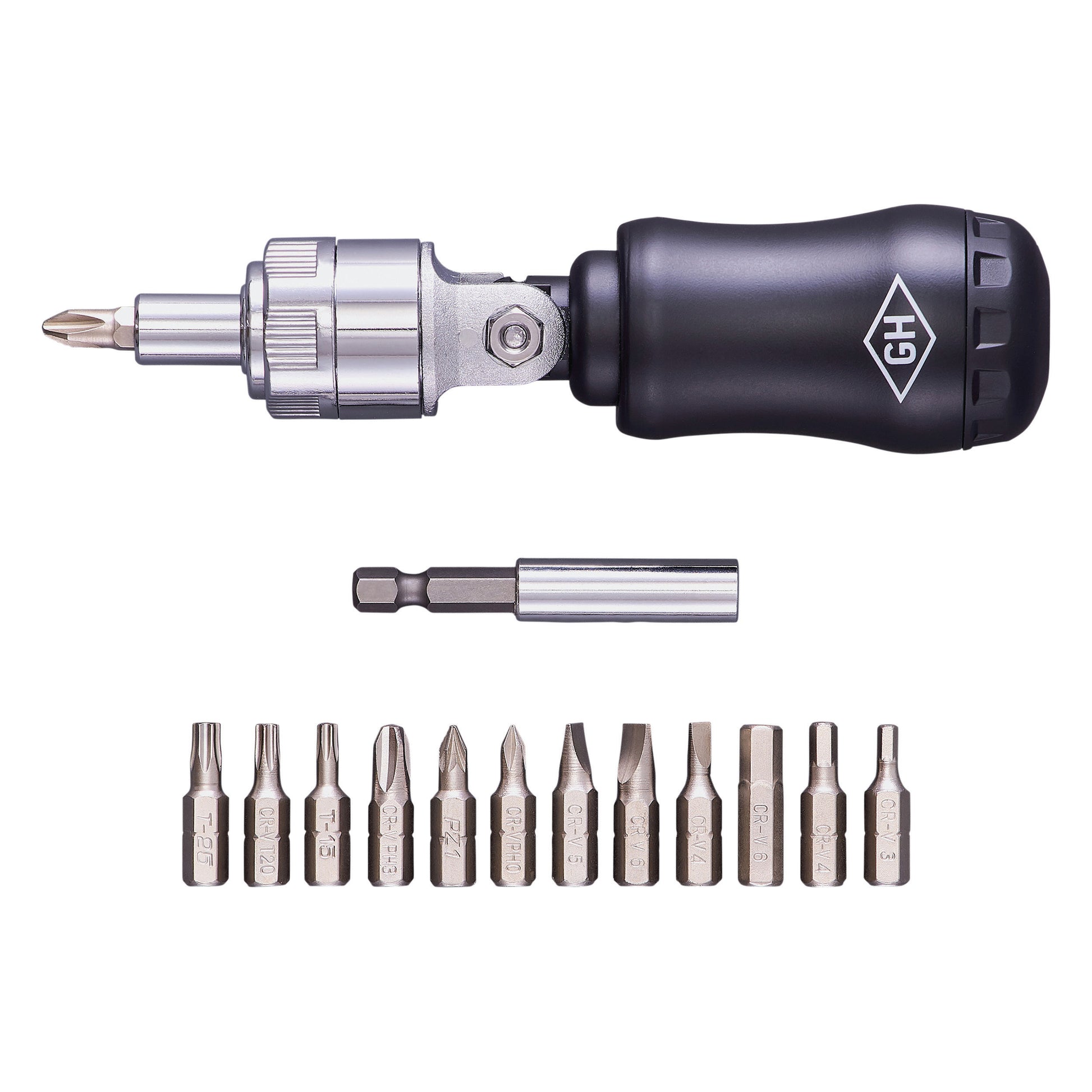 The 12-in-1 Screwdriver features a black handle, sixteen steel bits, and a bit holder extension arranged under the tool for versatile repairs.