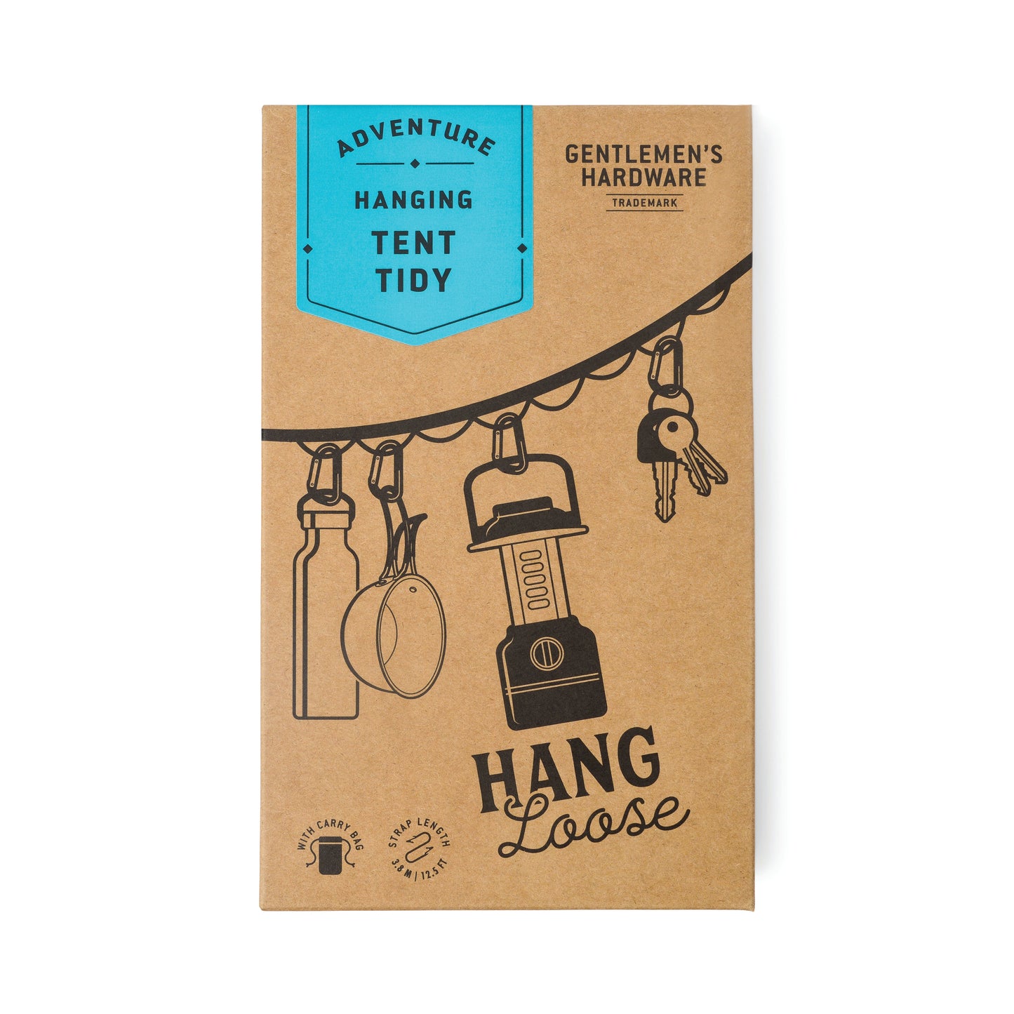 Brown cardboard packaging for the Hanging Tent Tidy, decorated with black camping gear and key illustrations, plus the phrases “Adventure Hanging Tent Tidy” and “Hang Loose.”.