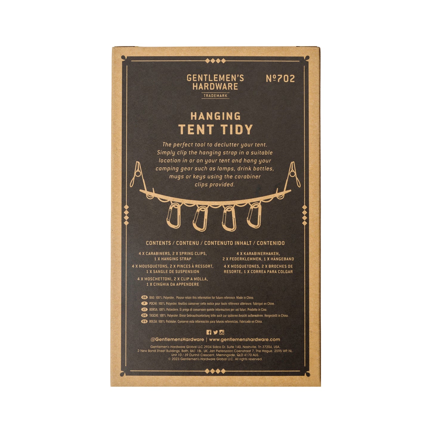 Rectangular cardboard packaging for the Hanging Tent Tidy, a practical campsite organizer and tent accessory, with product description and contents listed in English, French, and Spanish.