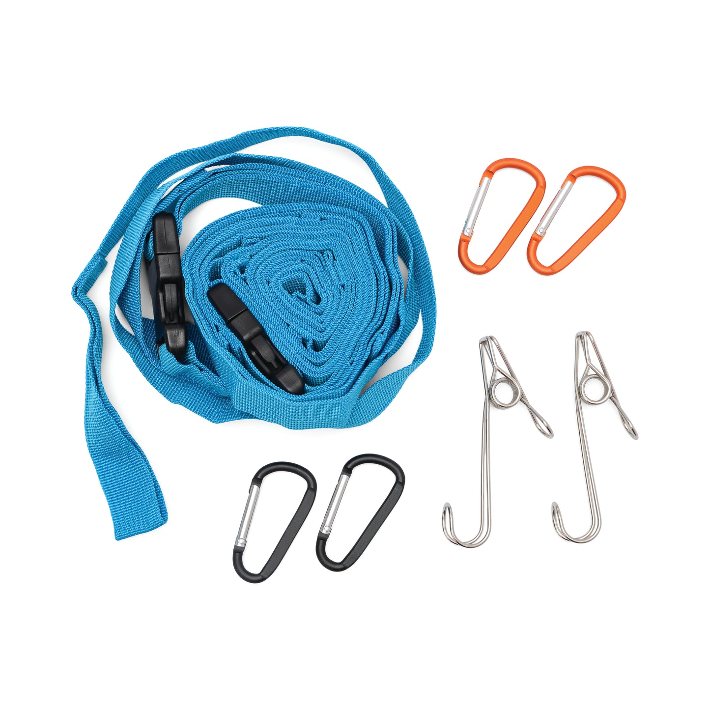 A Hanging Tent Tidy with a blue strap, black buckles, four carabiners, and two metal hooks is set on a white background—perfect as a campsite organizer to keep your tent accessories secure and easily accessible.
