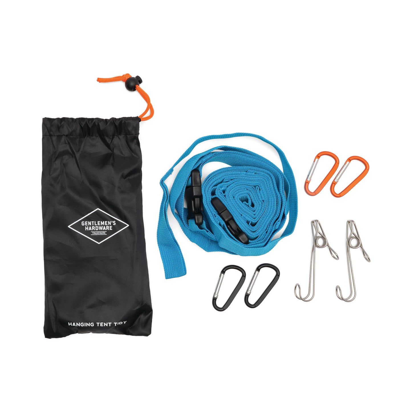 A black drawstring bag, a blue strap with buckles, two orange and two black carabiners, and three metal hooks are displayed on a white background—ideal as the Hanging Tent Tidy for organizing your campsite.