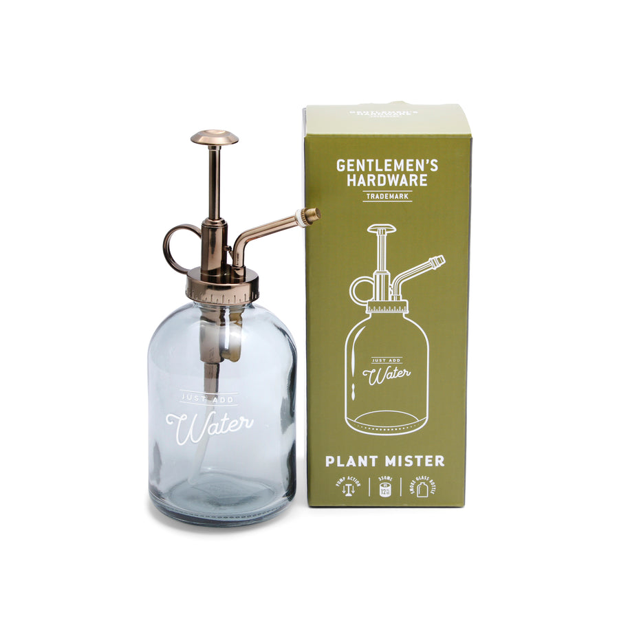 Gentlemen's Hardware Glass Plant Mister and box on a white background