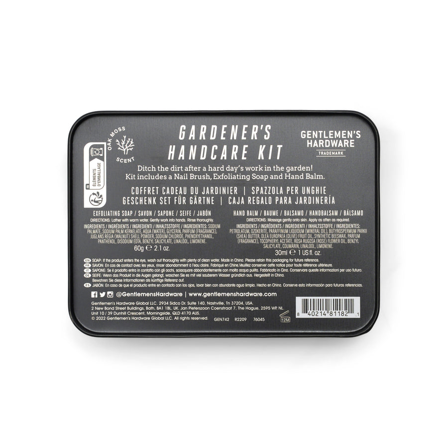 Gentlemen's Hardware Gardenher's Handcare Kit rear tin with logo, sky, barcode and product info