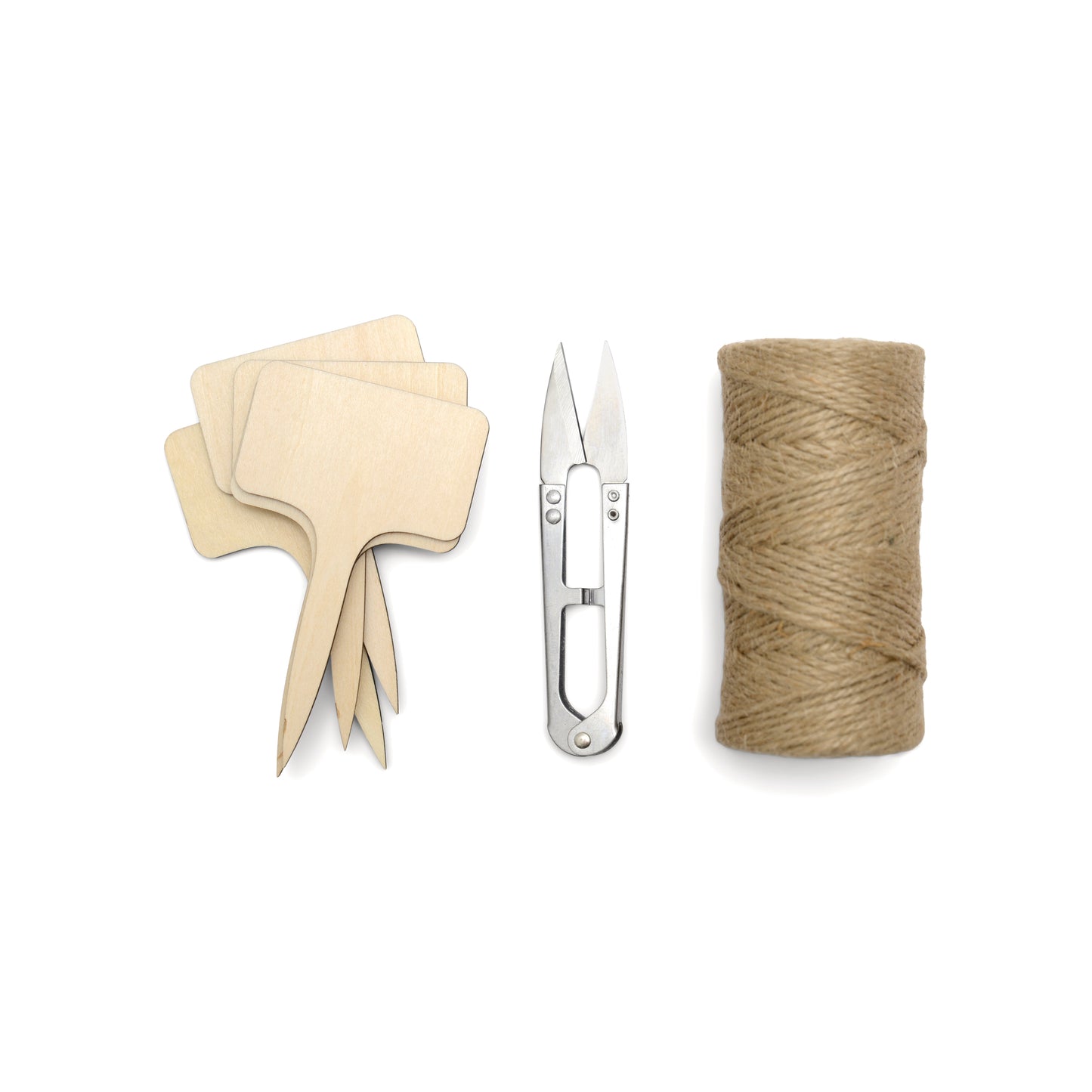 Plant stakes, mini shears, and twine on white surface