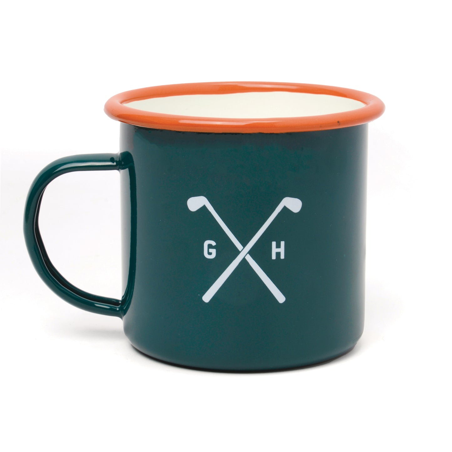 Golf Enamel Mug rear view with two golf clubs crossed