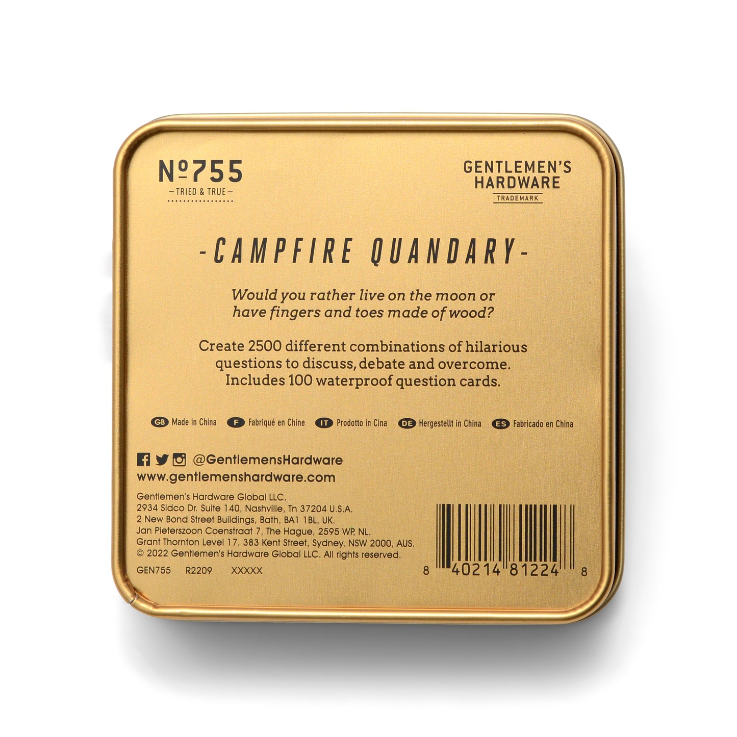 Gentlemen's Hardware Campfire Quandary rear packaging with logos, SKU, barcode and game info