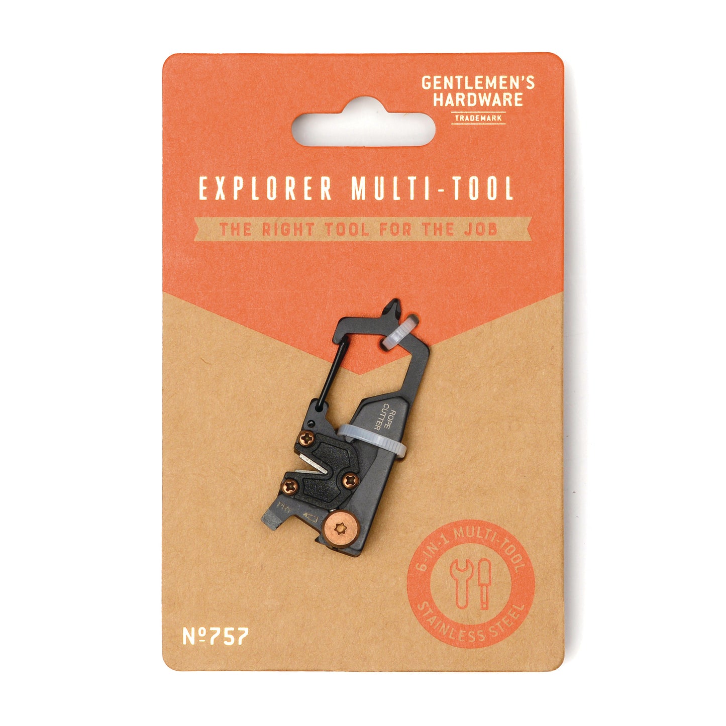 Packaged Explorer Multi-Tool, a 6-in-1 outdoor essential with carabiner, screwdriver, and more, presented on a brown and orange backing card.