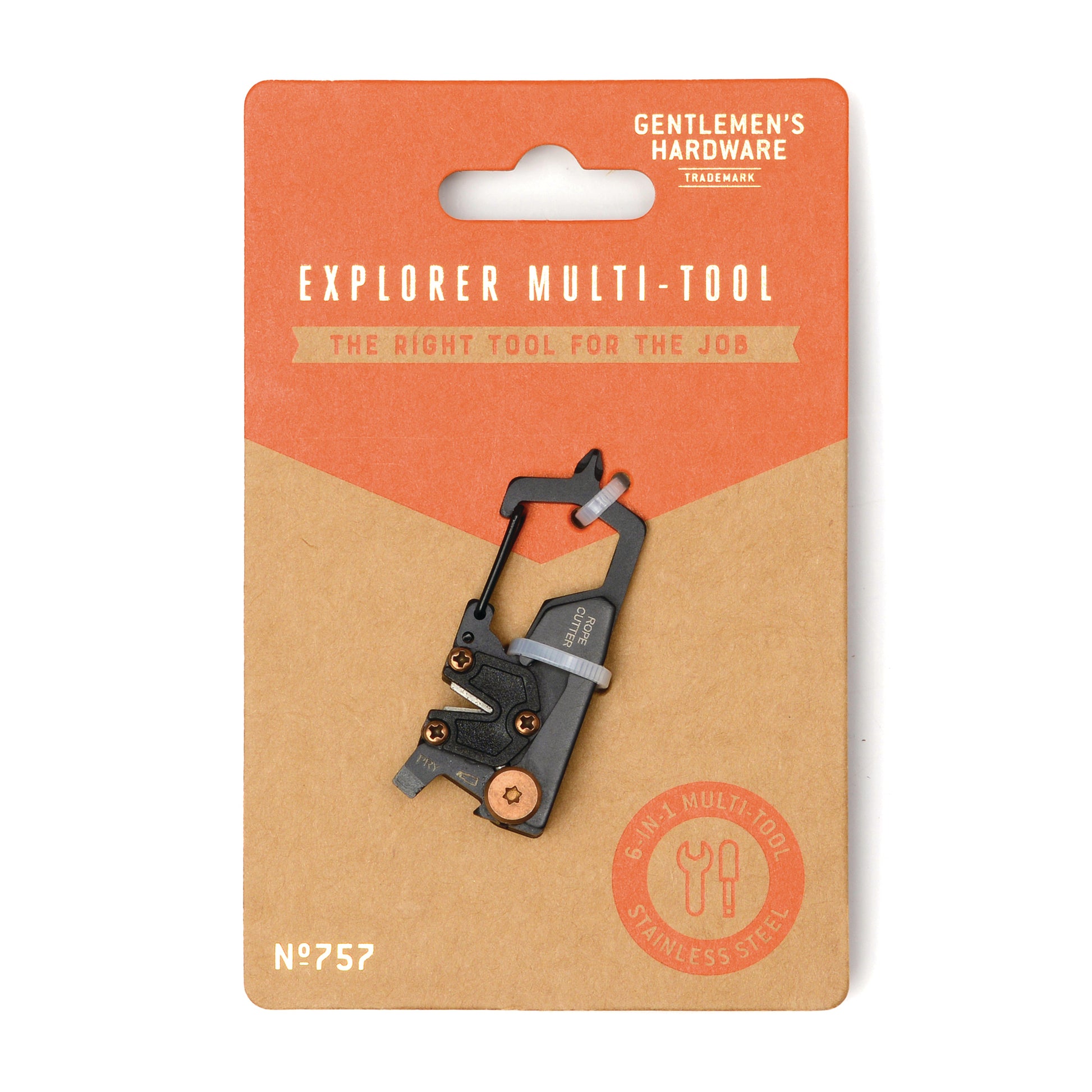 Packaged Explorer Multi-Tool, a 6-in-1 outdoor essential with carabiner, screwdriver, and more, presented on a brown and orange backing card.