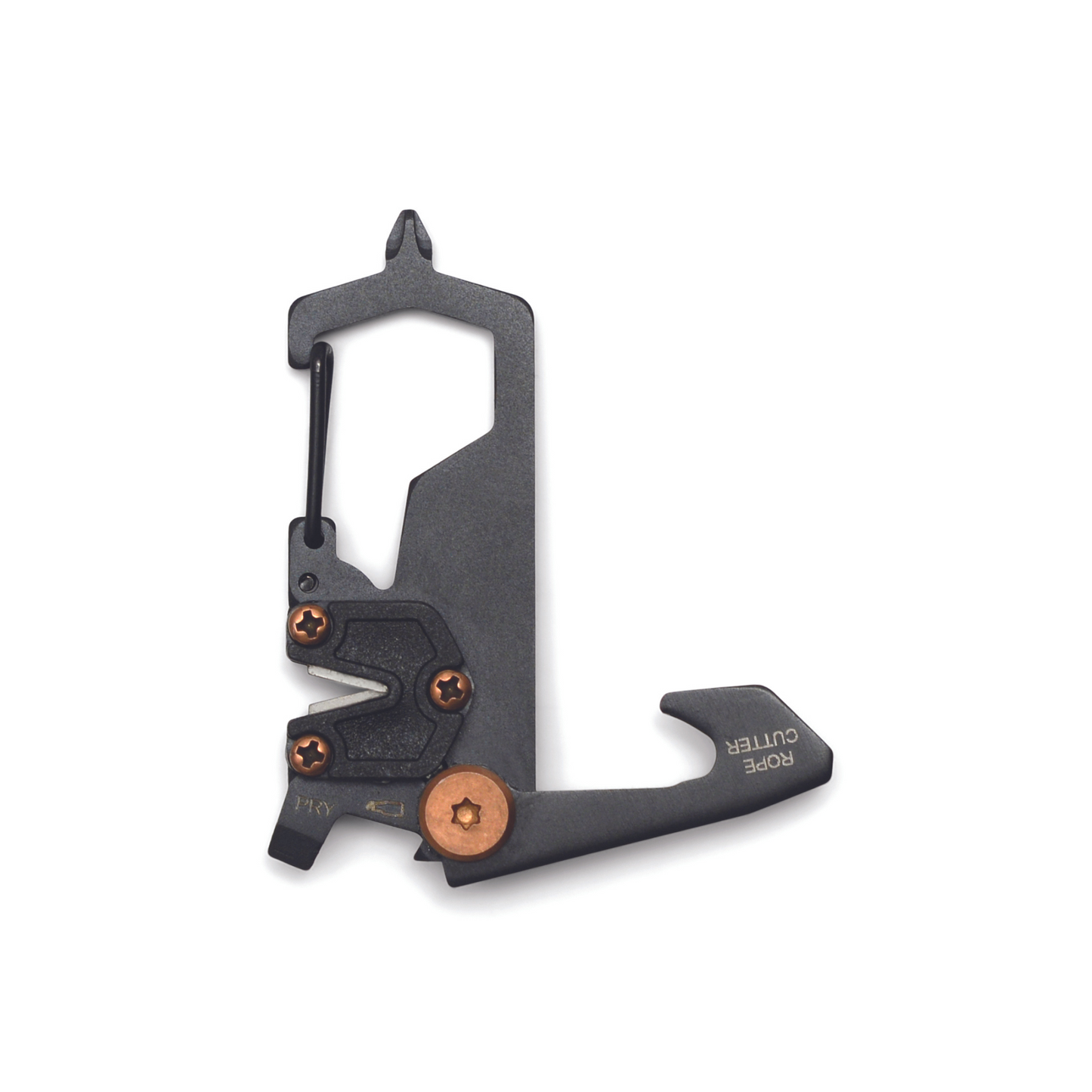 The Explorer Multi-Tool, shown in black on a white background, features a hook, screws, and a labeled ROPE CUTTER section—ideal for outdoor adventures.