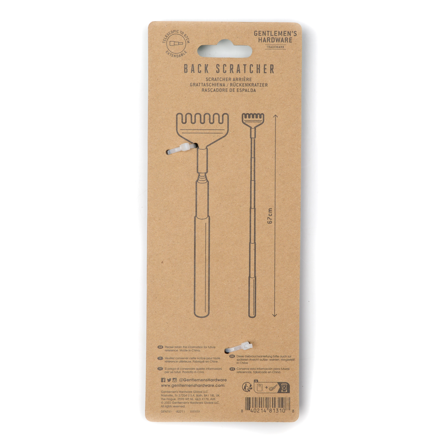 Reverse side of packaging for the back scratcher.
