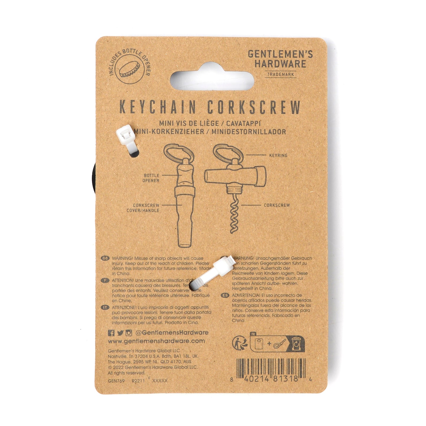 Keychain Corkscrew rear packaging with logo, barcode and product information