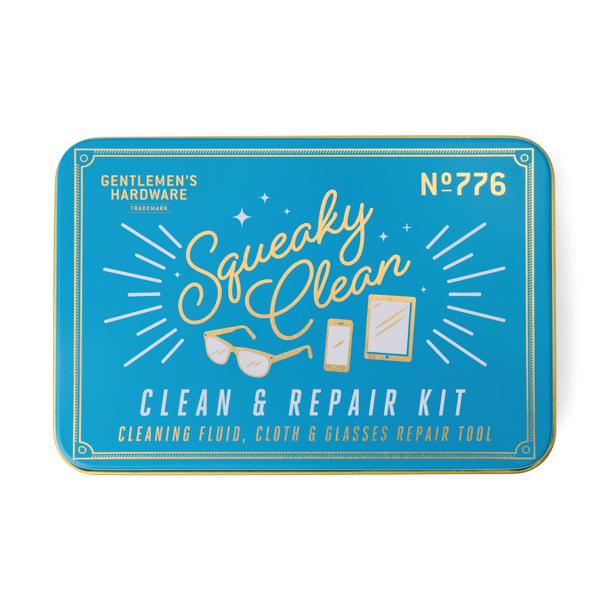 The Squeaky Clean Clean & Repair Kit comes in a blue metal tin with eyeglass illustrations, cleaning cloth, and mini screwdriver—ideal for quick repairs and cleaning solution storage on the go.