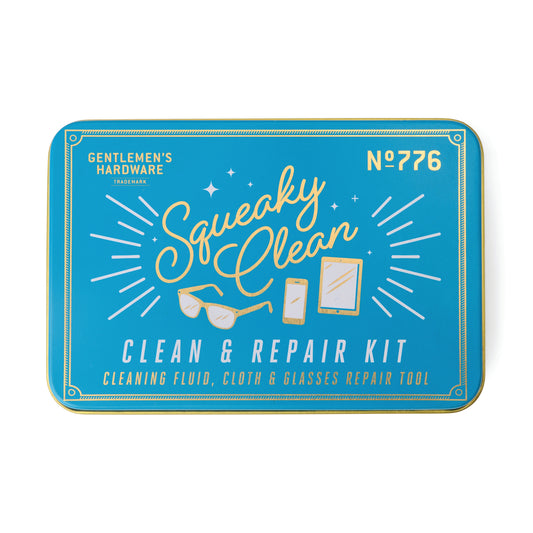 The Squeaky Clean Clean & Repair Kit comes in a blue metal tin with eyeglass illustrations, cleaning cloth, and mini screwdriver—ideal for quick repairs and cleaning solution storage on the go.