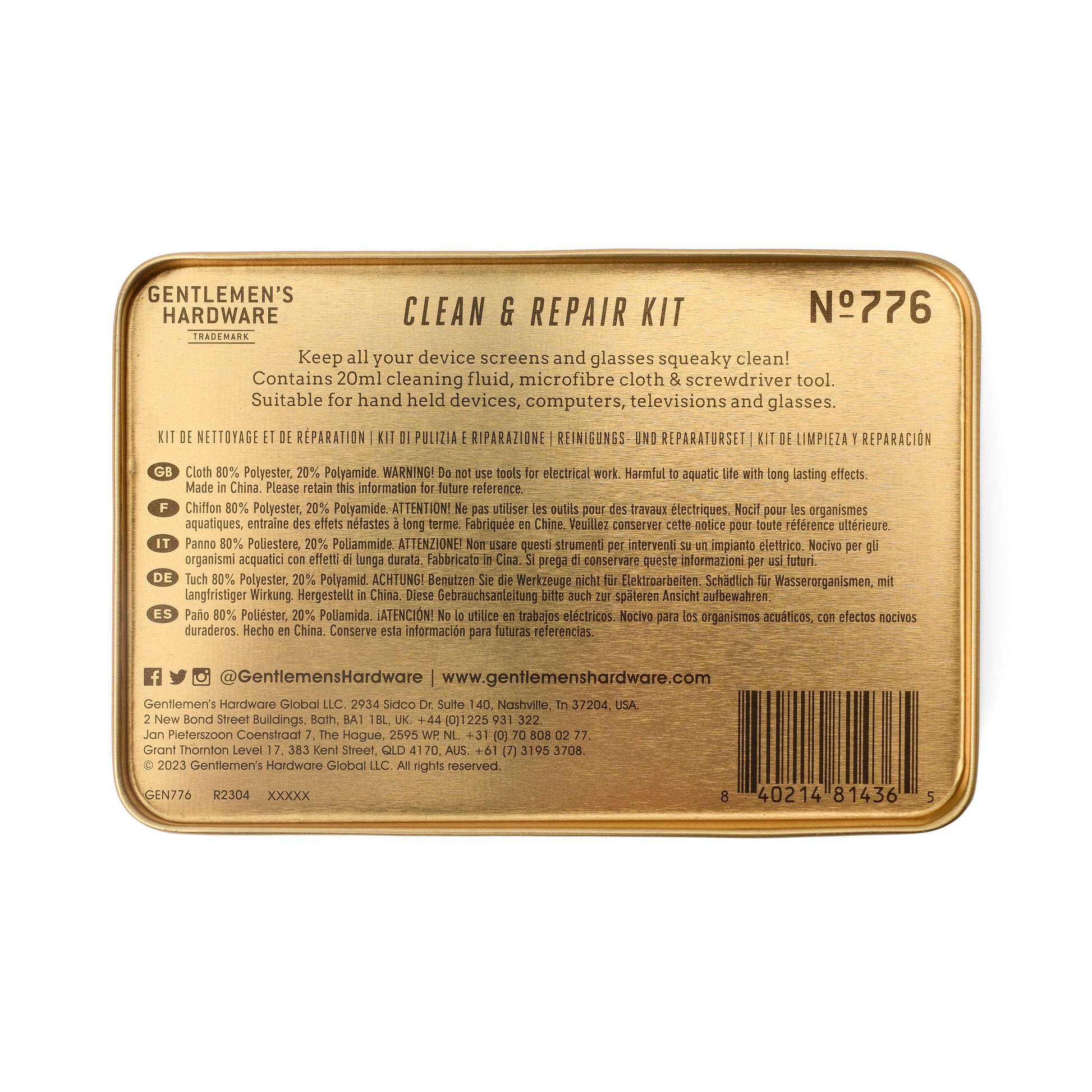 Rectangular gold Squeaky Clean Clean & Repair Kit tin featuring product description, cleaning fluid, ingredients, instructions, mini screwdriver, and a barcode on the lid.