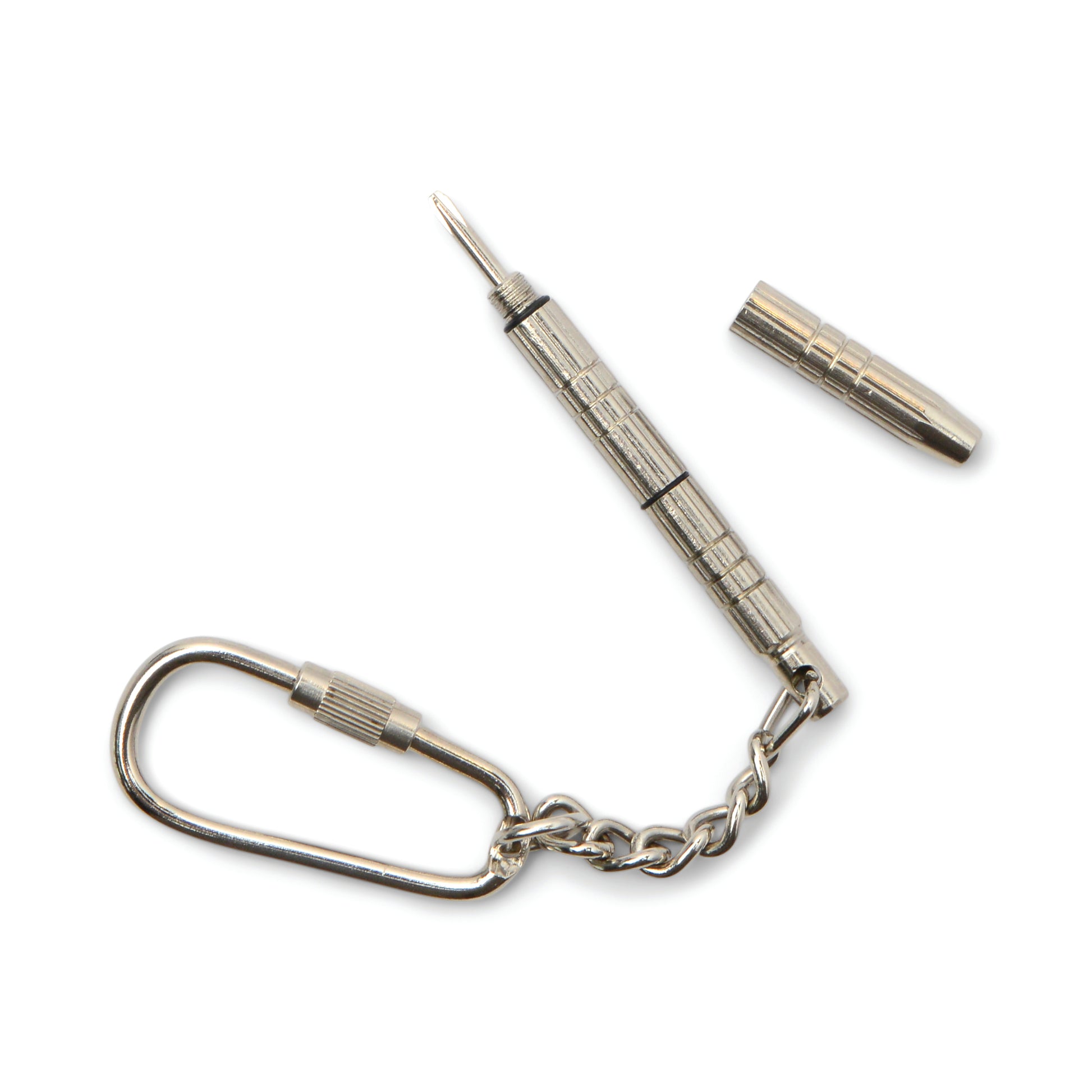 A compact metal keychain with a detachable mini screwdriver, shown uncapped to reveal the tool—perfect for the Squeaky Clean Clean & Repair Kit.