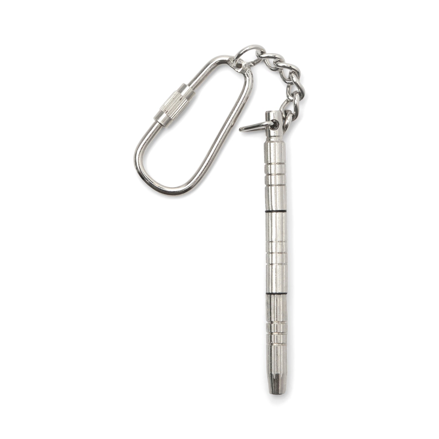 A silver metal keychain with a cylindrical, textured mini screwdriver tool attached to a carabiner-style clip—ideal for your Squeaky Clean Clean & Repair Kit.