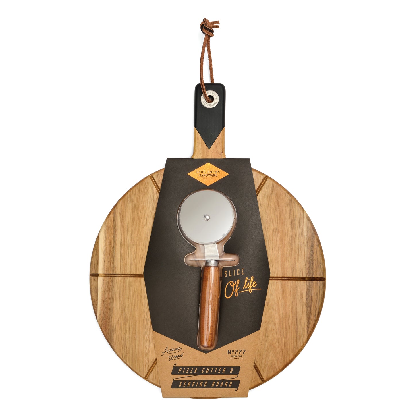 The Pizza Board with pizza cutter features grooved acacia wood, a black handle, an attached pizza cutter, and comes in branded packaging.
