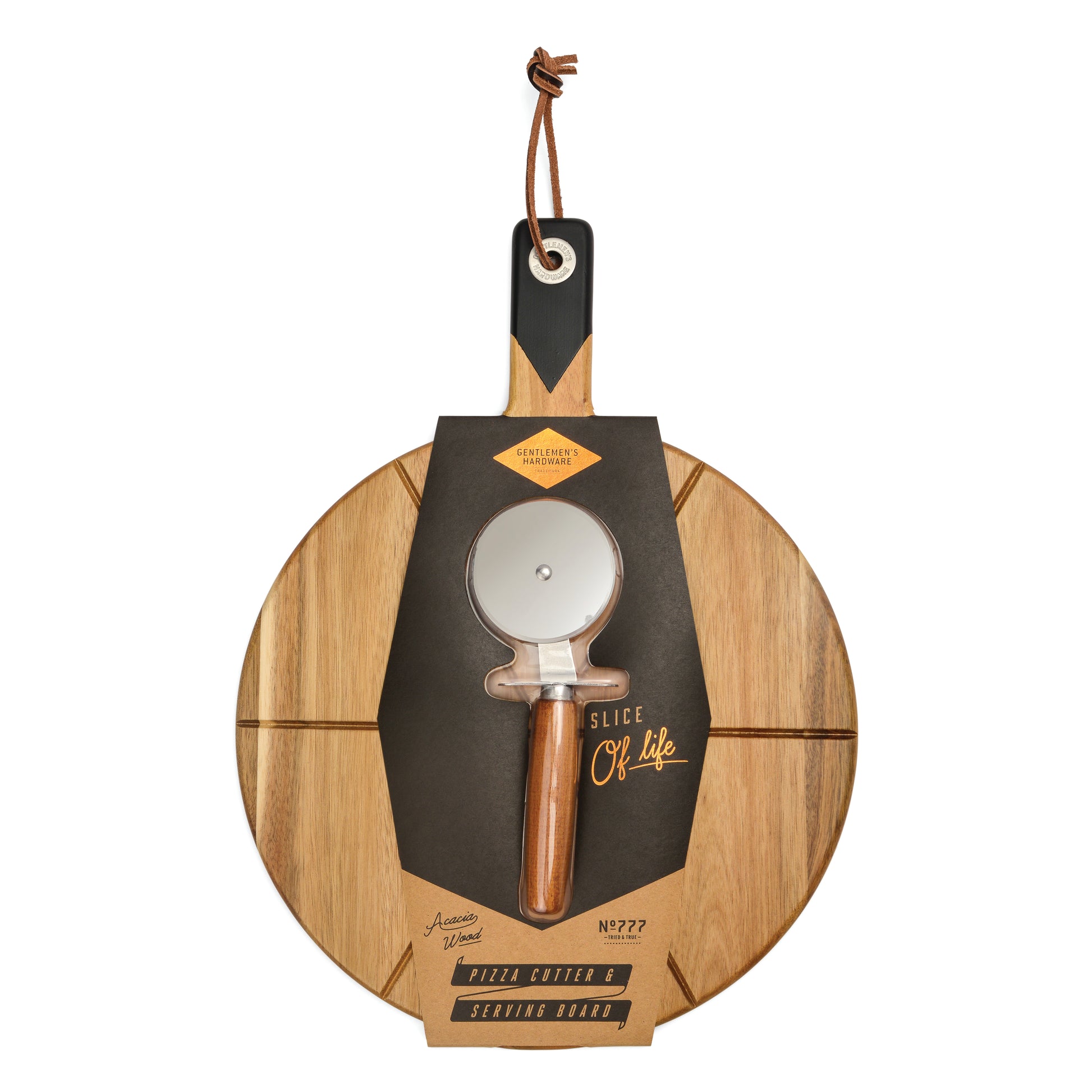 The Pizza Board with pizza cutter features grooved acacia wood, a black handle, an attached pizza cutter, and comes in branded packaging.