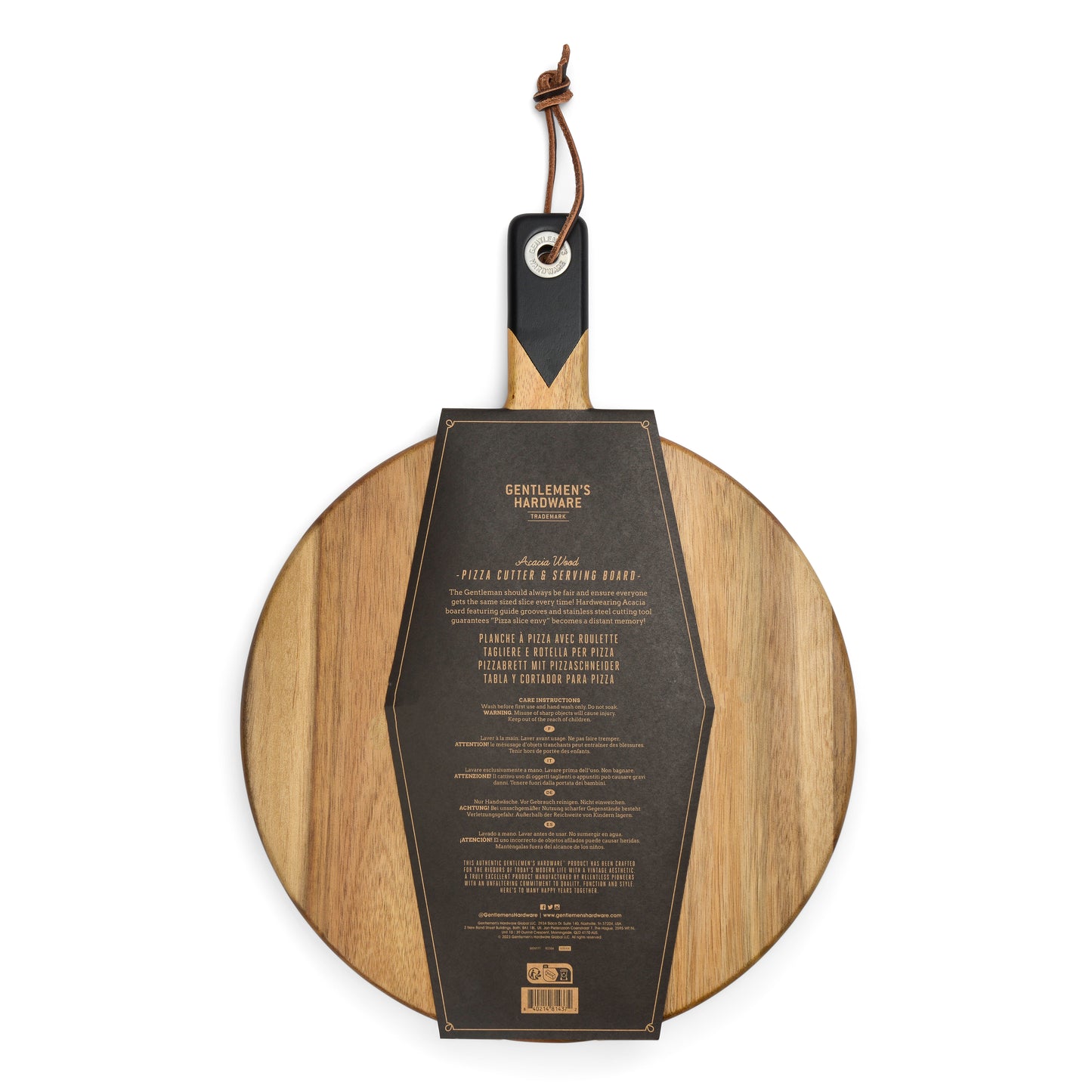 Round Acacia Wood Pizza Board with handle and leather strap, featuring a black and gold product label, paired with a pizza cutter, set against a white background.