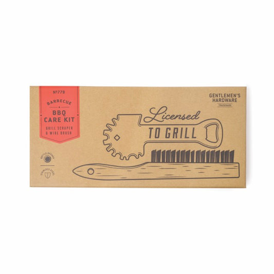 The BBQ Care Kit Grill Scraper & Wire Brush comes in a brown box labeled Licensed to Grill, with illustrated packaging and brand details.