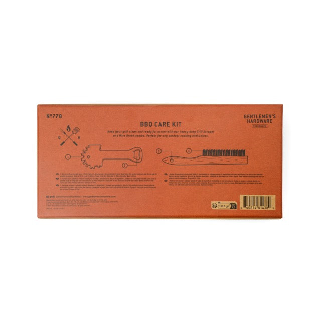 A rectangular brown box labeled BBQ Care Kit Grill Scraper & Wire Brush shows line drawings and descriptions of the tools on the back.