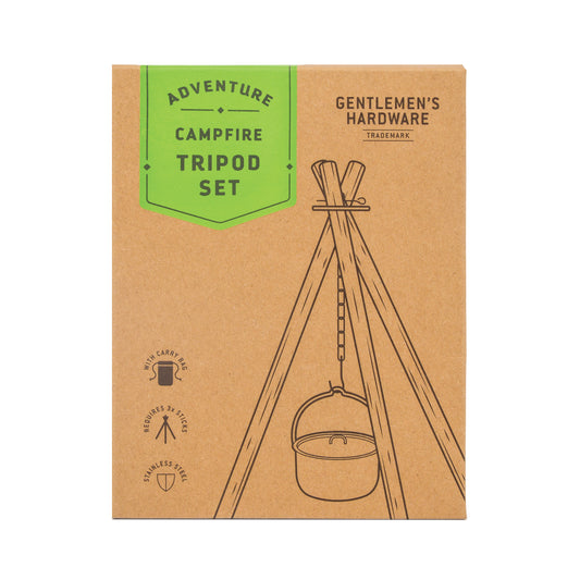 Cardboard packaging for the Campfire Tripod Set shows a line drawing of the tripod stand with campfire pot, labels its stainless steel bracket and features, and displays the “Gentlemens Hardware” brand name.