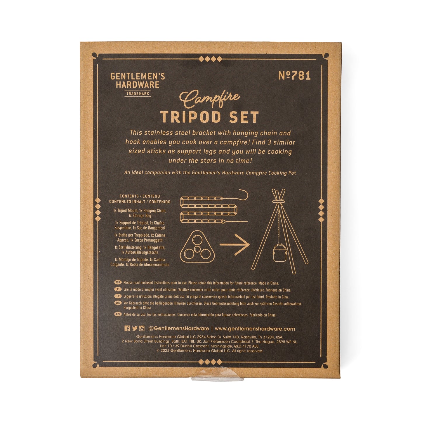 Brown cardboard packaging for the Campfire Tripod Set features a stainless steel bracket, campfire pot, contents list, instructions, and simple line illustrations of the set.