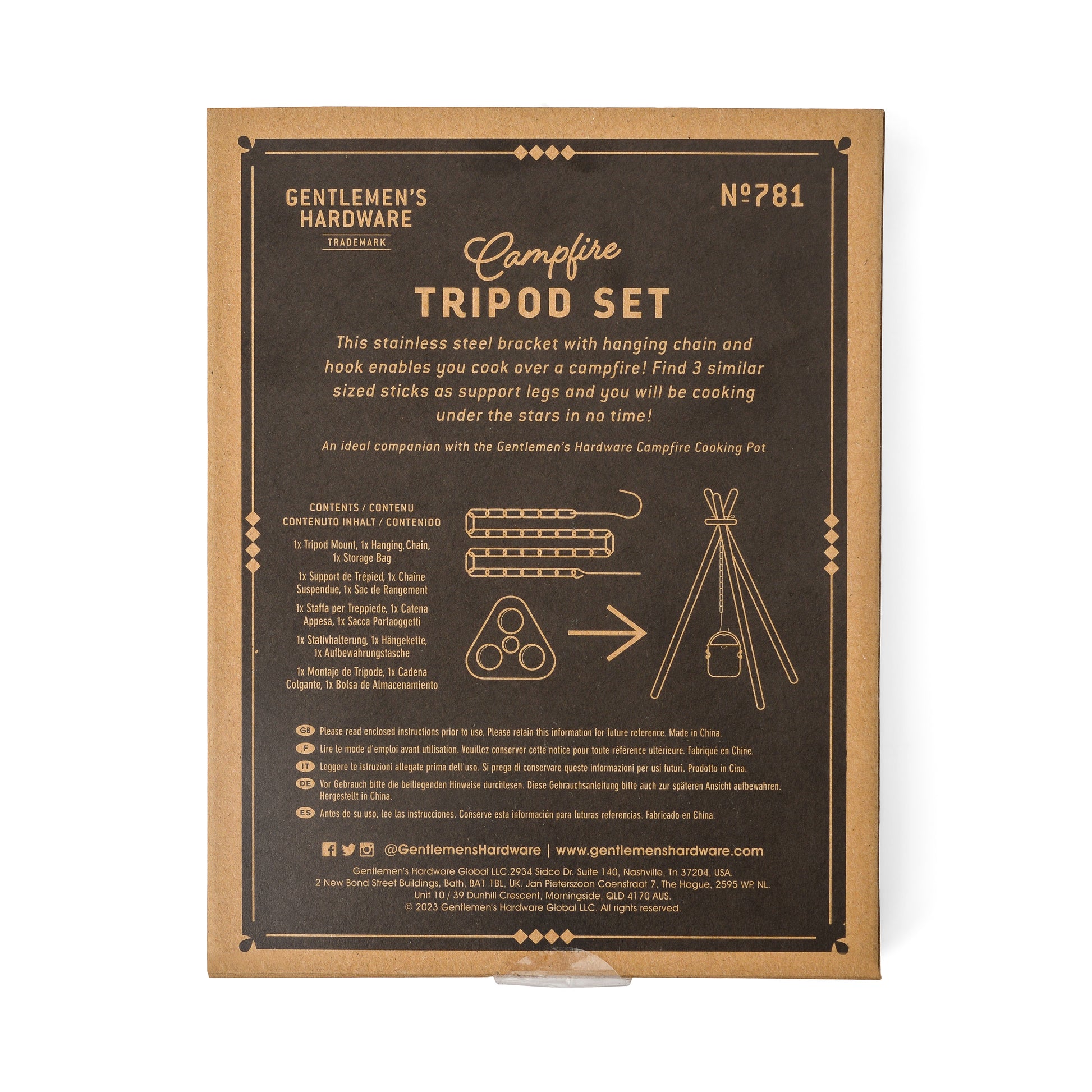 Brown cardboard packaging for the Campfire Tripod Set features a stainless steel bracket, campfire pot, contents list, instructions, and simple line illustrations of the set.