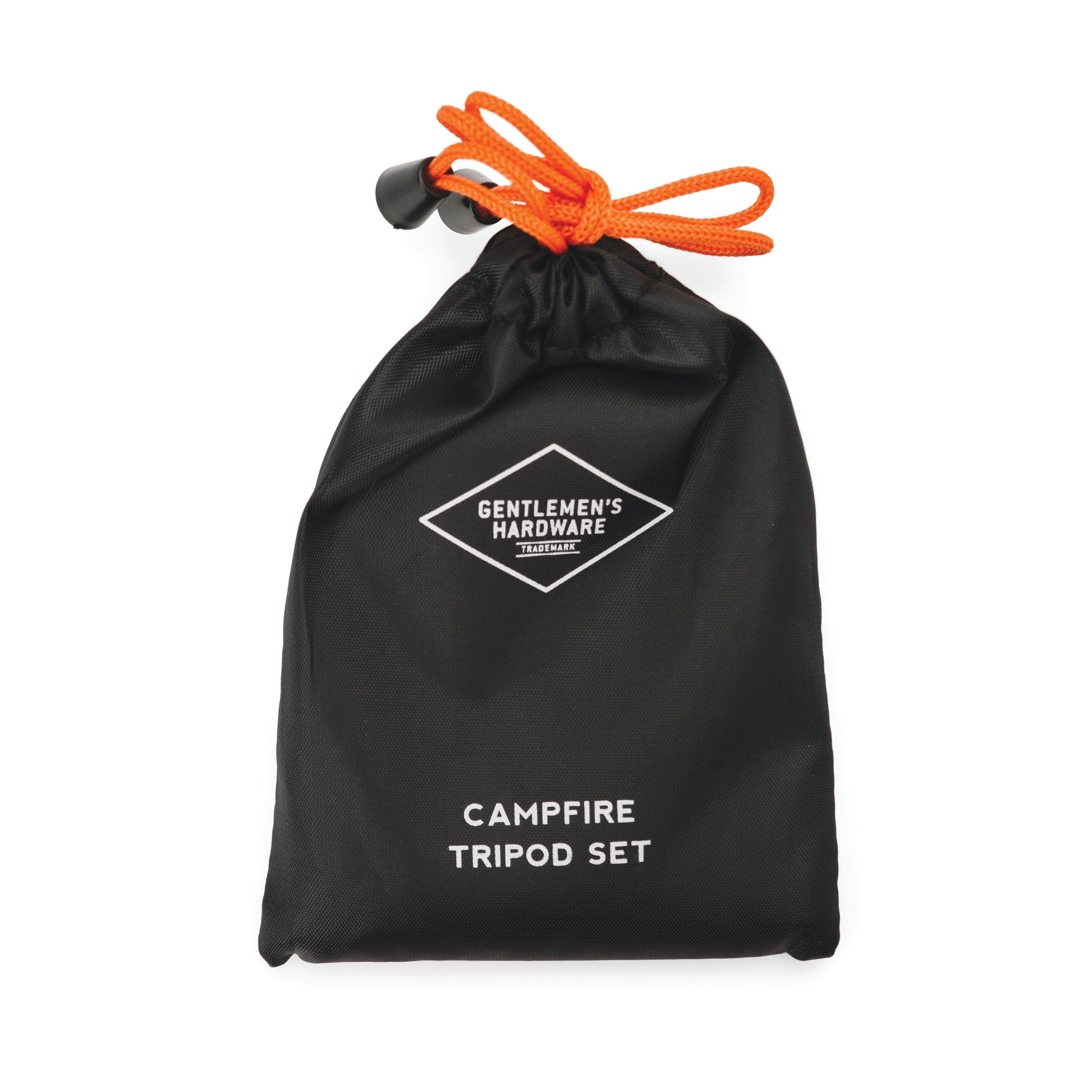 A black drawstring pouch with orange cord labeled Campfire Tripod Set is perfect for storing your stainless steel bracket and campfire pot essentials.