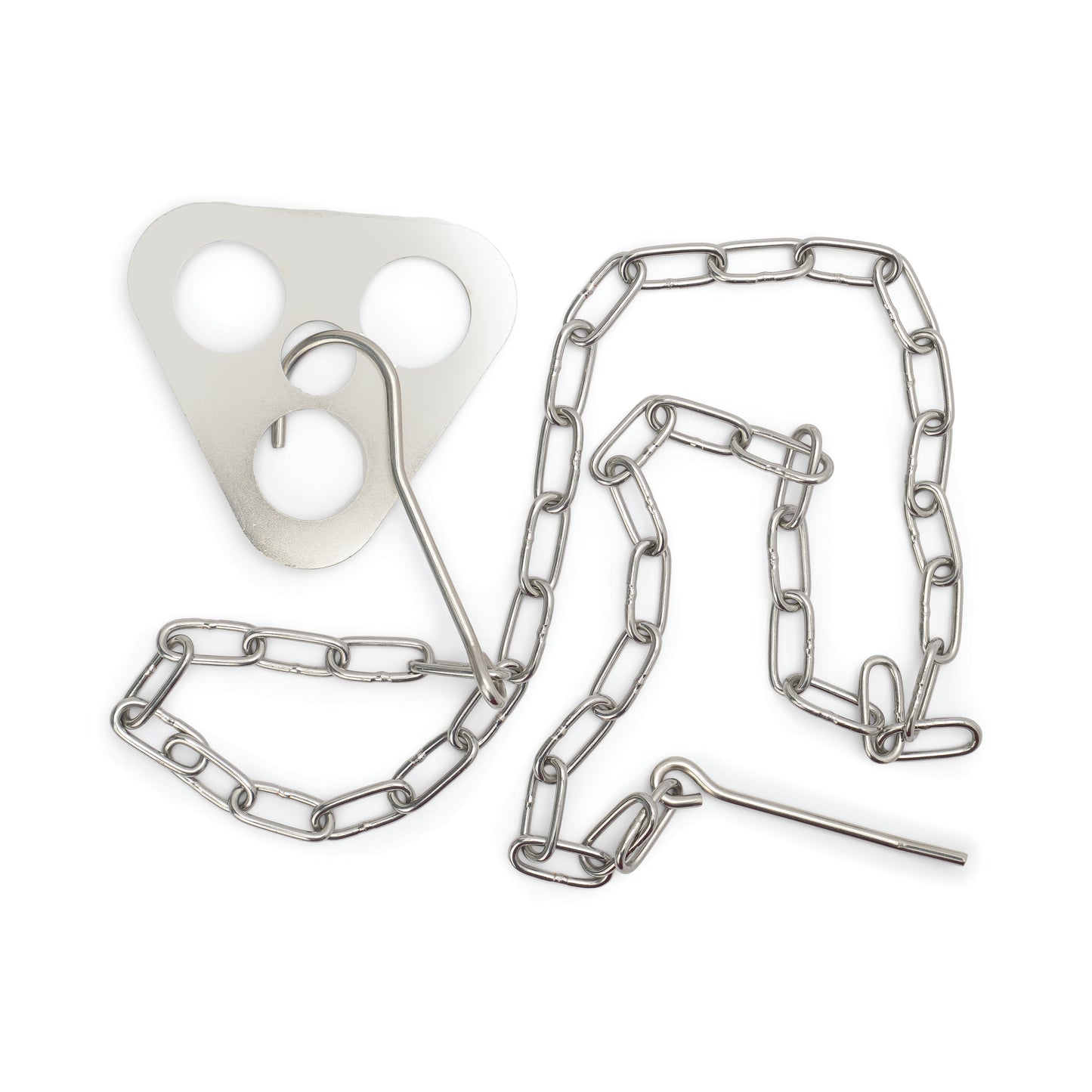 The Campfire Tripod Set includes a metal chain, a three-hole stainless steel bracket, and two metal rods—perfect components for assembling a campfire tripod or hanging a campfire pot.